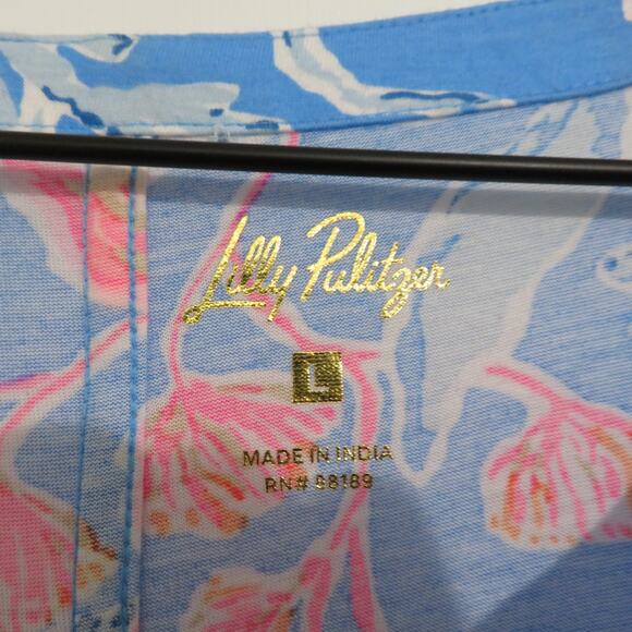 Lilly Pulitzer Large Blue Pink Easley T Shirt Dress Vibrant Print Tie Sleeves - Picture 5 of 7